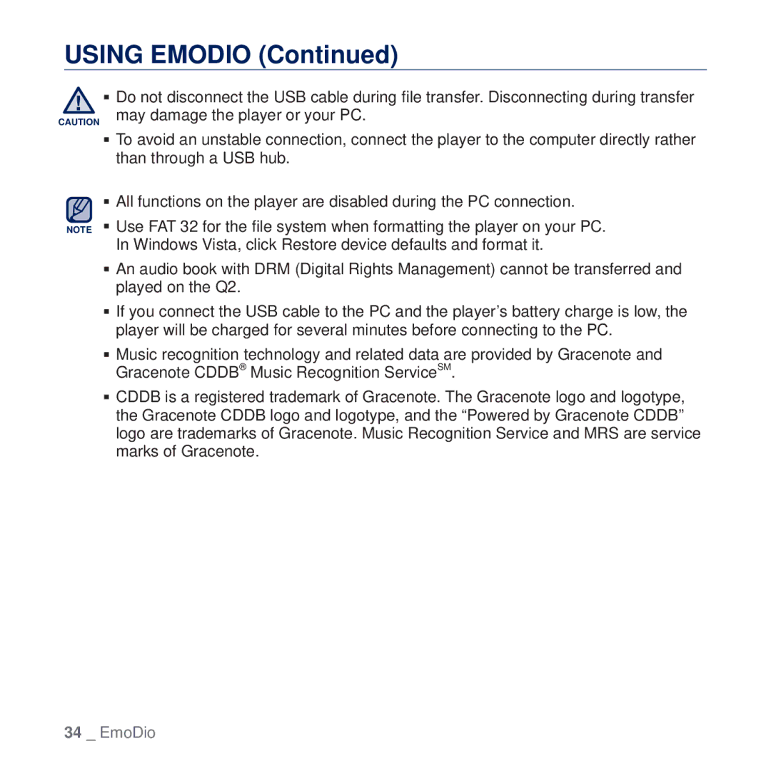 Samsung YP-Q2JEB/XEF, YP-Q2JCB/XAA, YP-Q2JEW/XEF, YP-Q2JCW/XEF, YP-Q2JCB/XEF manual Using Emodio 