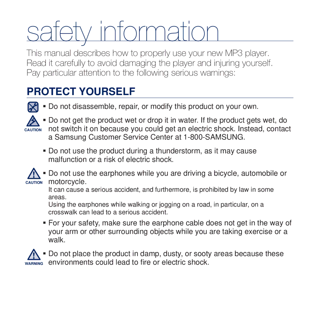 Samsung YP-Q2JEB/XEF, YP-Q2JCB/XAA, YP-Q2JEW/XEF, YP-Q2JCW/XEF, YP-Q2JCB/XEF manual Protect Yourself 