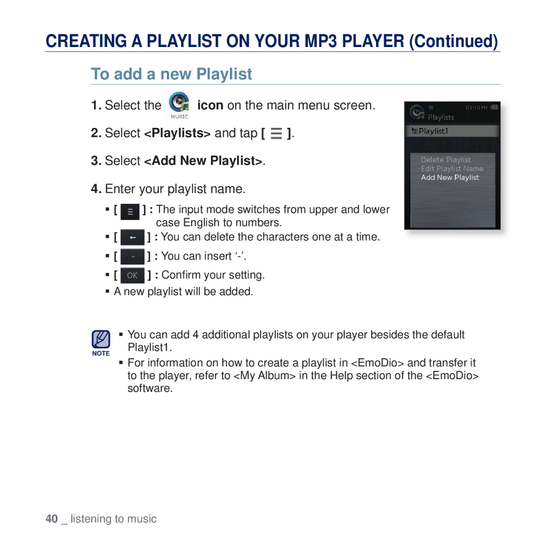 Samsung YP-Q2JCB/XAA, YP-Q2JEW/XEF, YP-Q2JCW/XEF, YP-Q2JCB/XEF, YP-Q2JEB/XEF To add a new Playlist, Select Add New Playlist 