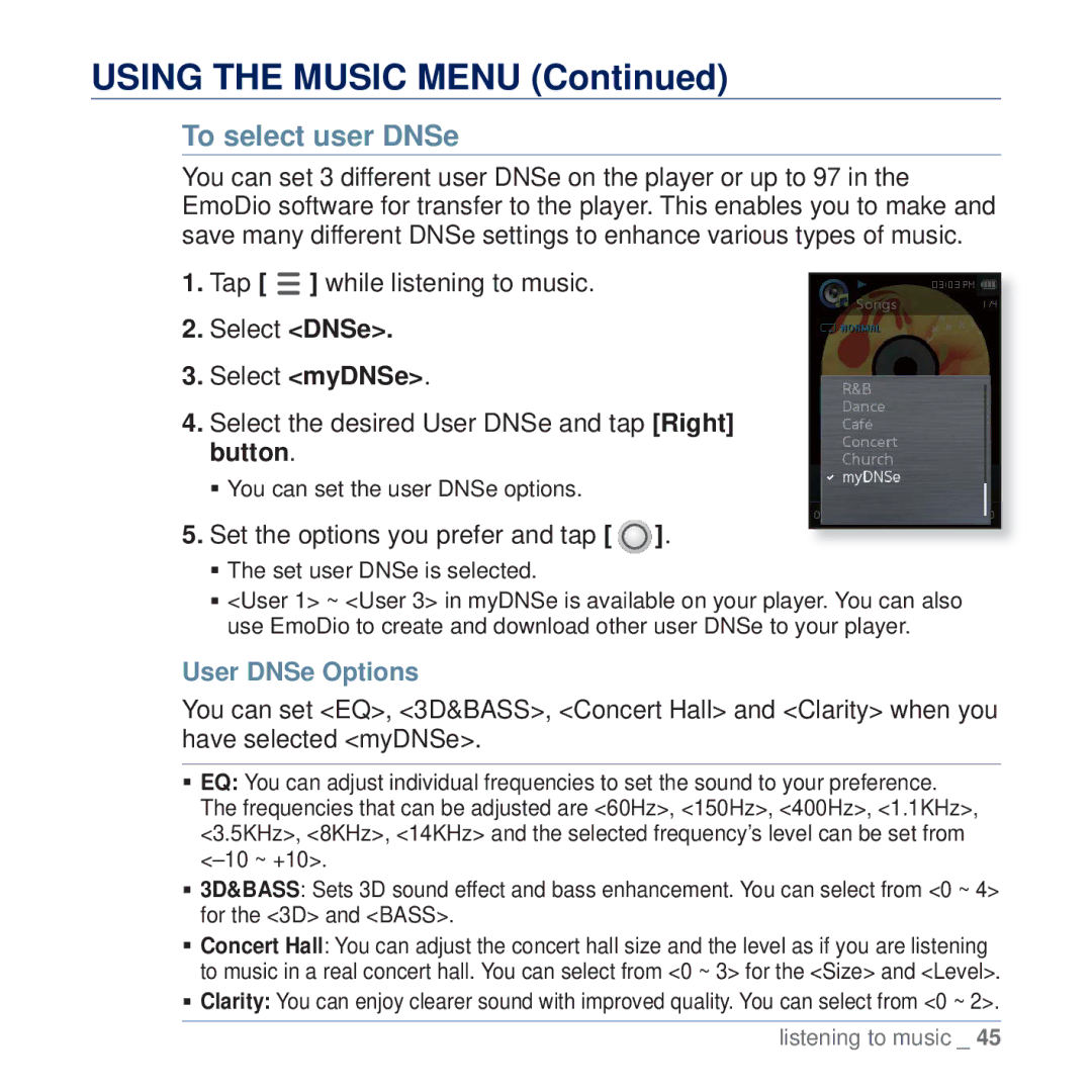 Samsung YP-Q2JCB/XAA, YP-Q2JEW/XEF, YP-Q2JCW/XEF, YP-Q2JCB/XEF manual Set the options you prefer and tap, User DNSe Options 