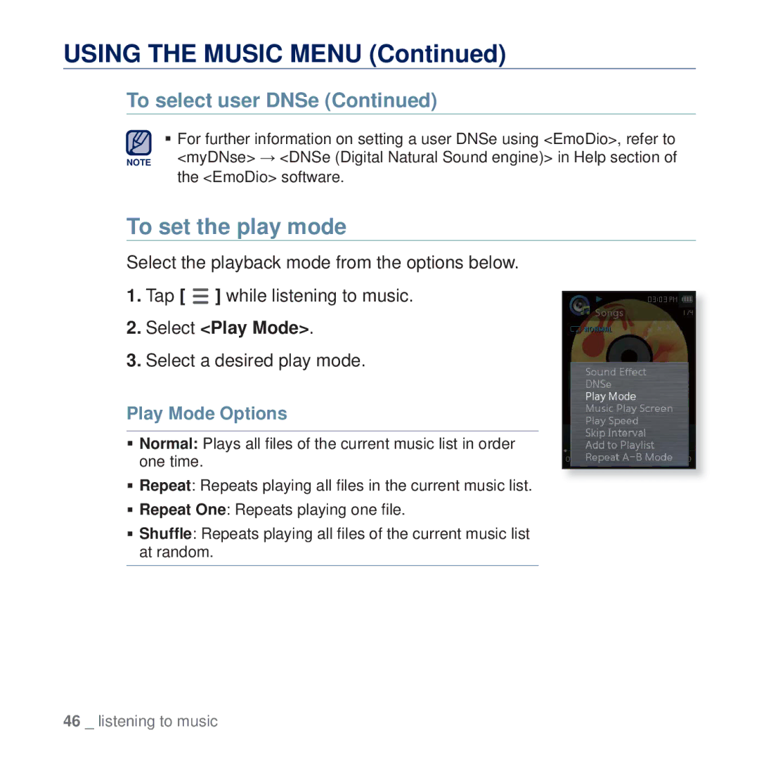 Samsung YP-Q2JEW/XEF, YP-Q2JCB/XAA To set the play mode, Select Play Mode, Select a desired play mode, Play Mode Options 