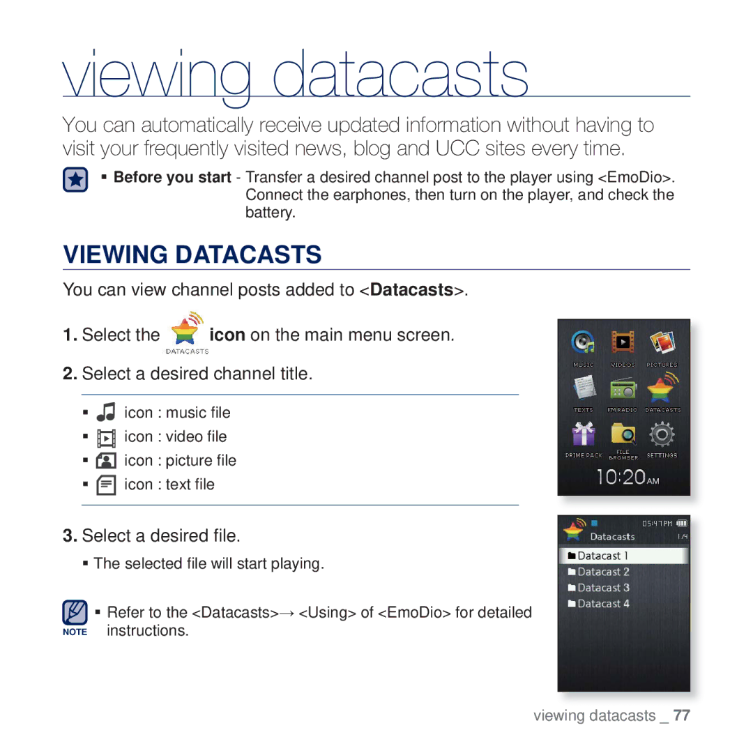 Samsung YP-Q2JCW/XEF, YP-Q2JCB/XAA, YP-Q2JEW/XEF, YP-Q2JCB/XEF, YP-Q2JEB/XEF manual Viewing datacasts, Viewing Datacasts 