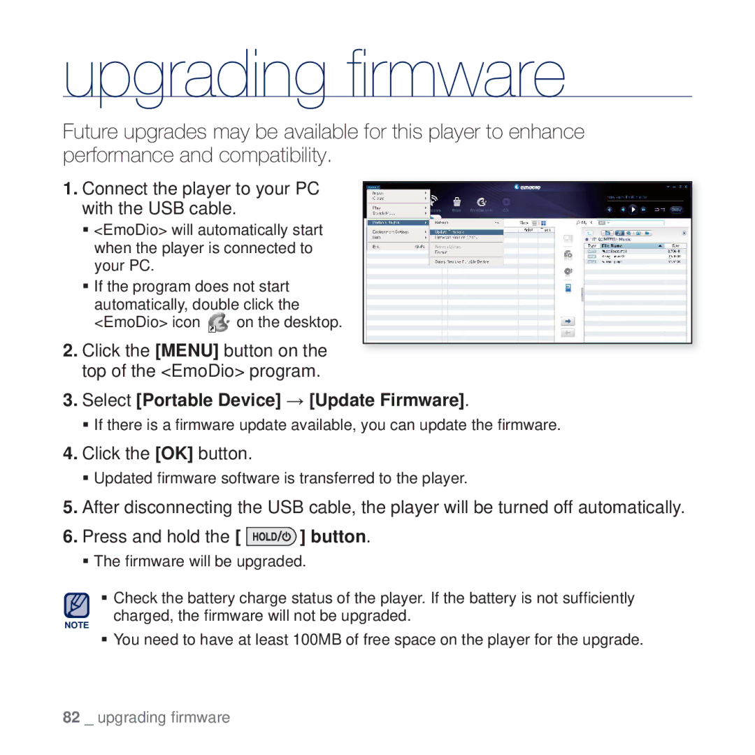 Samsung YP-Q2JCW/XEF manual Upgrading ﬁ rmware, Connect the player to your PC with the USB cable, Click the OK button 