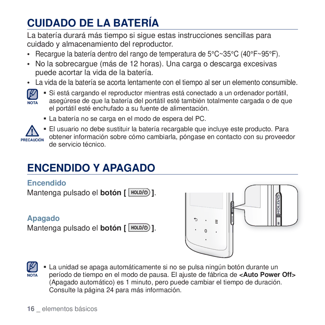 Samsung YP-Q2JAW/XEE, YP-Q2JCW/XEE, YP-Q2JEW/XEE manual Cuidado DE LA Batería, Encendido Y Apagado, Mantenga pulsado el botón 