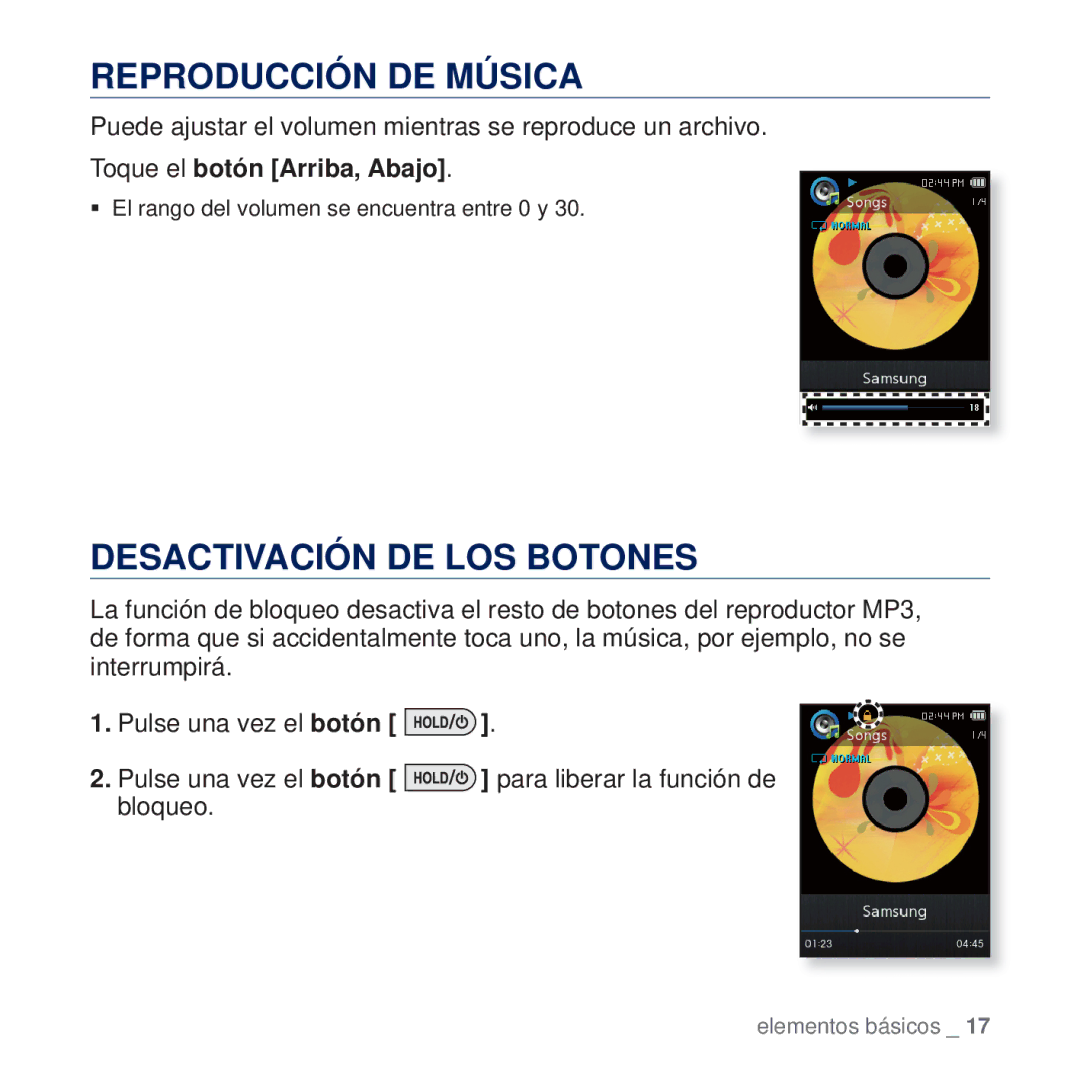 Samsung YP-Q2JEB/XEE, YP-Q2JCW/XEE manual Reproducción DE Música, Desactivación DE LOS Botones, Toque el botón Arriba, Abajo 