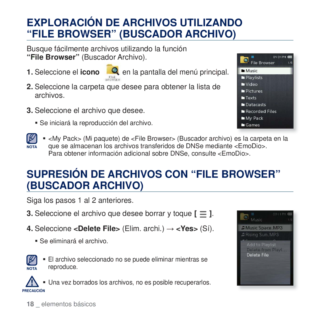 Samsung YP-Q2JCW/XEE, YP-Q2JEW/XEE, YP-Q2JAB/XEE, YP-Q2JCB/XEE manual Supresión DE Archivos CON File Browser Buscador Archivo 