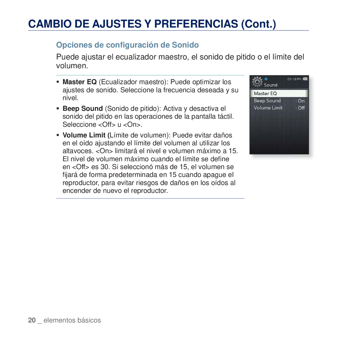 Samsung YP-Q2JAB/XEE, YP-Q2JCW/XEE, YP-Q2JEW/XEE manual Cambio DE Ajustes Y Preferencias, Opciones de conﬁguración de Sonido 