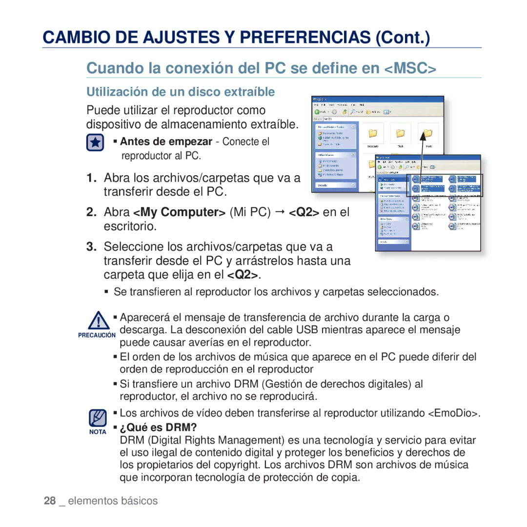 Samsung YP-Q2JAW/XEE, YP-Q2JCW/XEE manual Cuando la conexión del PC se deﬁne en MSC, Utilización de un disco extraíble 