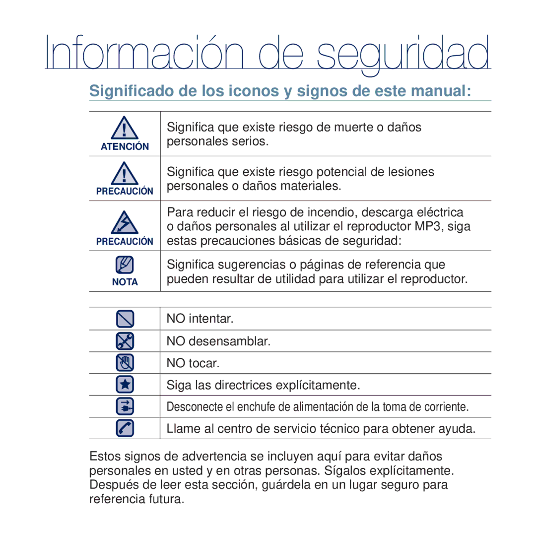 Samsung YP-Q2JCB/XEE, YP-Q2JCW/XEE, YP-Q2JEW/XEE, YP-Q2JAB/XEE, YP-Q2JAW/XEE Signiﬁcado de los iconos y signos de este manual 