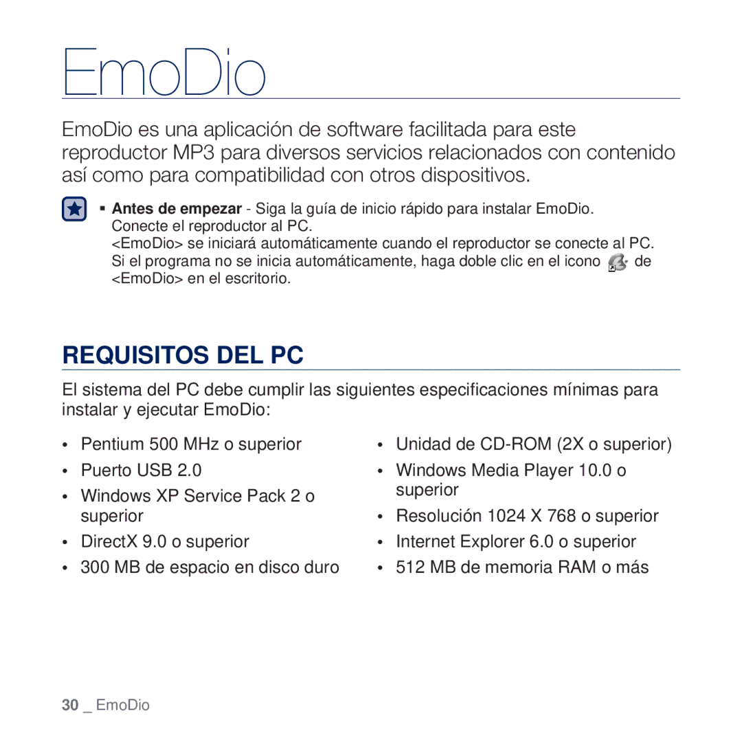 Samsung YP-Q2JCW/XEE, YP-Q2JEW/XEE, YP-Q2JAB/XEE, YP-Q2JCB/XEE, YP-Q2JAW/XEE, YP-Q2JEB/XEE manual EmoDio, Requisitos DEL PC 