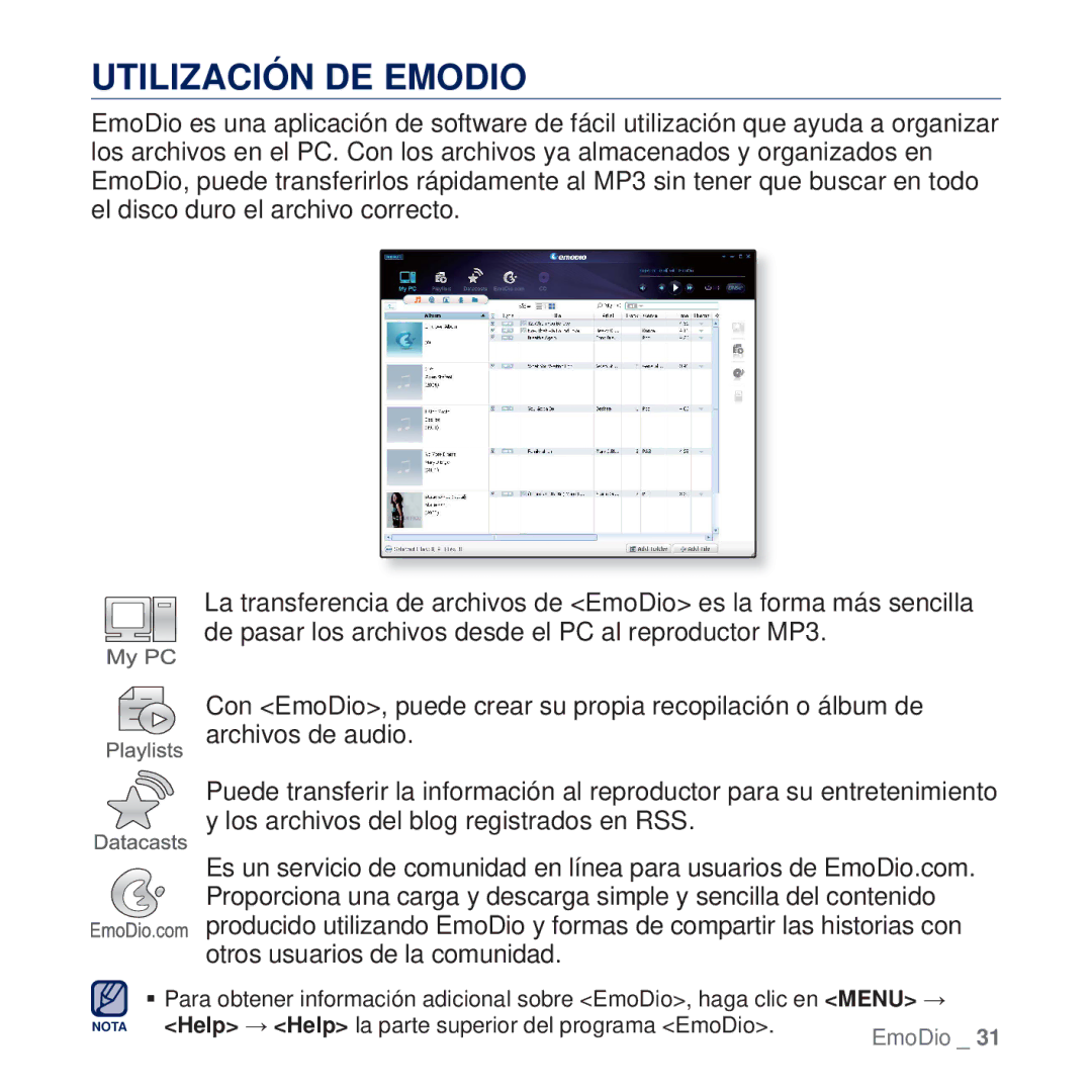 Samsung YP-Q2JEW/XEE, YP-Q2JCW/XEE manual Utilización DE Emodio, Nota Help Help la parte superior del programa EmoDio 