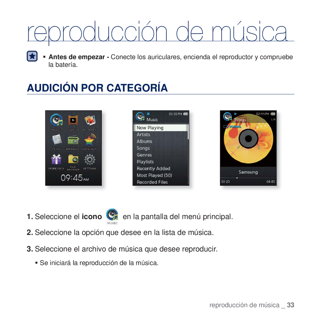 Samsung YP-Q2JCB/XEE, YP-Q2JCW/XEE, YP-Q2JEW/XEE, YP-Q2JAB/XEE, YP-Q2JAW/XEE Reproducción de música, Audición POR Categoría 