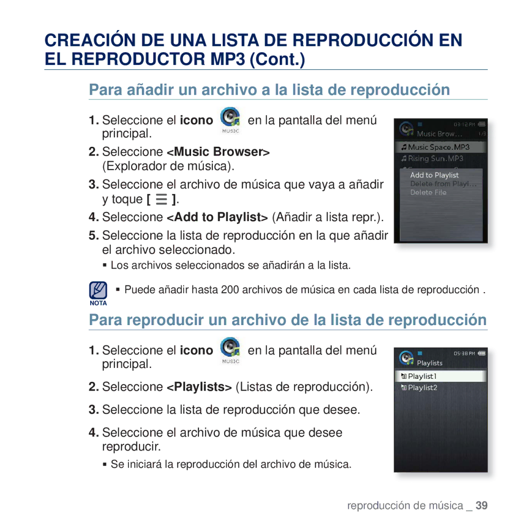 Samsung YP-Q2JCB/XEE, YP-Q2JCW/XEE, YP-Q2JEW/XEE, YP-Q2JAB/XEE manual Para añadir un archivo a la lista de reproducción 