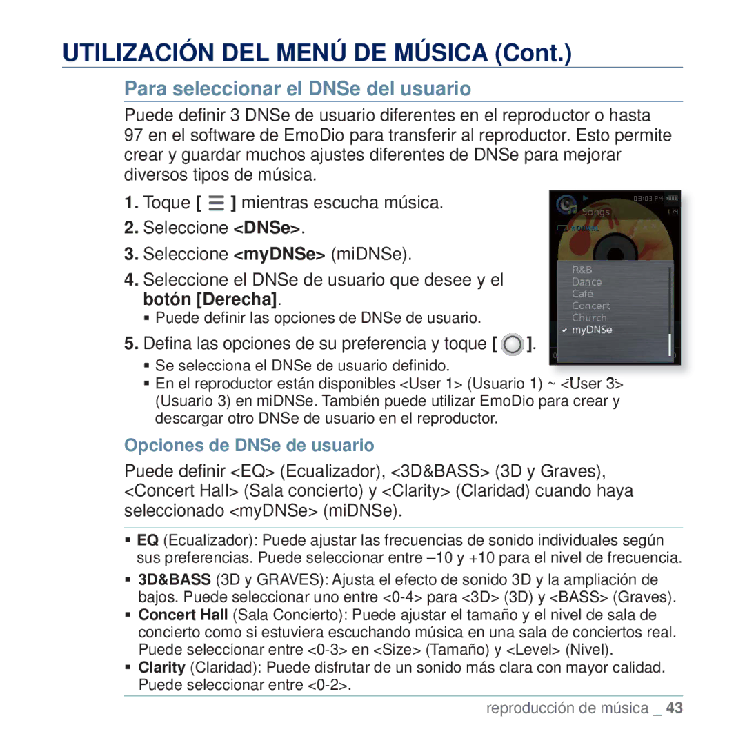 Samsung YP-Q2JEW/XEE, YP-Q2JCW/XEE, YP-Q2JAB/XEE Deﬁna las opciones de su preferencia y toque, Opciones de DNSe de usuario 