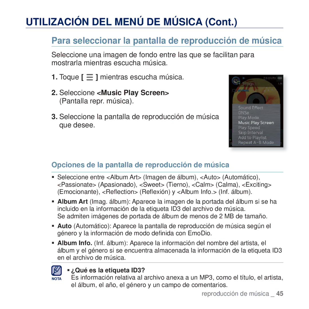 Samsung YP-Q2JCB/XEE, YP-Q2JCW/XEE, YP-Q2JEW/XEE, YP-Q2JAB/XEE manual Para seleccionar la pantalla de reproducción de música 