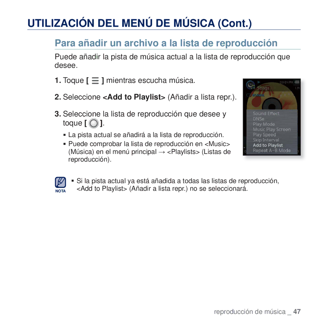 Samsung YP-Q2JEB/XEE, YP-Q2JCW/XEE, YP-Q2JEW/XEE, YP-Q2JAB/XEE manual Para añadir un archivo a la lista de reproducción 