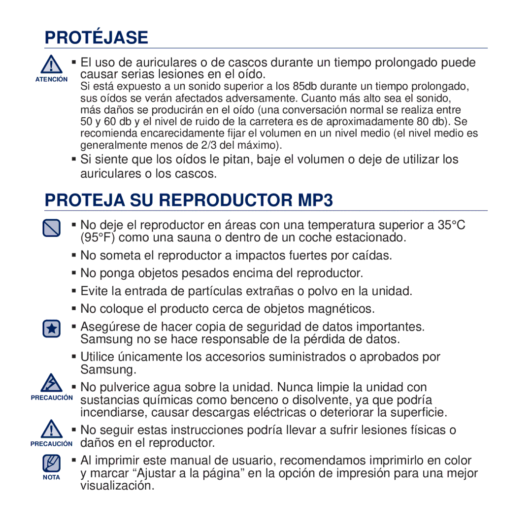 Samsung YP-Q2JEB/XEE, YP-Q2JCW/XEE manual Proteja SU Reproductor MP3, Causar serias lesiones en el oído, Visualización 