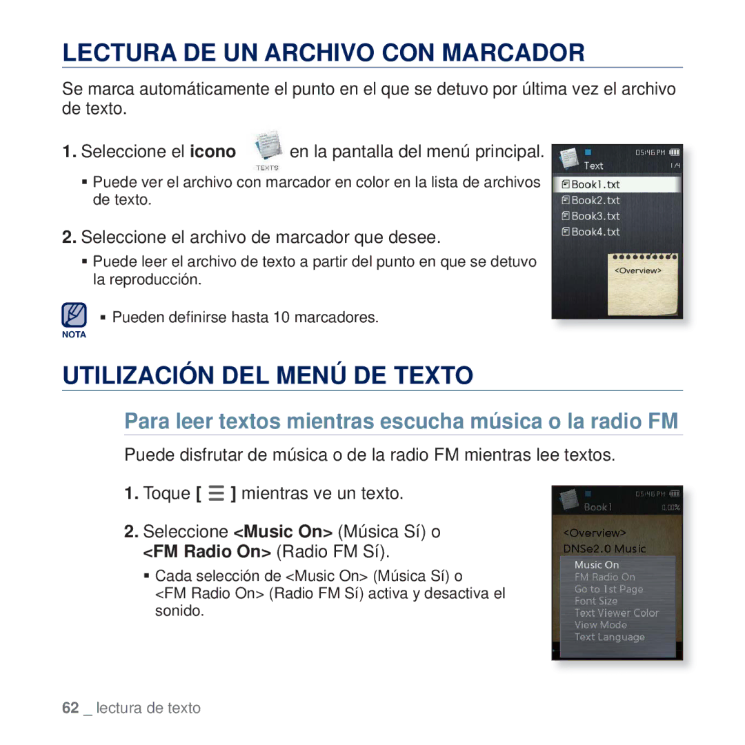 Samsung YP-Q2JAB/XEE, YP-Q2JCW/XEE, YP-Q2JEW/XEE manual Lectura DE UN Archivo CON Marcador, Utilización DEL Menú DE Texto 