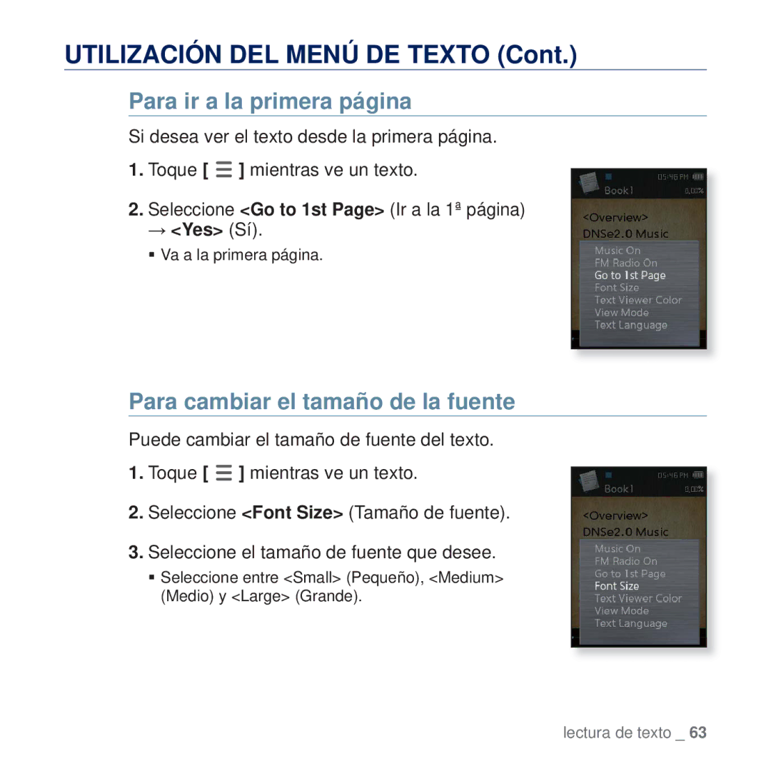 Samsung YP-Q2JCB/XEE manual Utilización DEL Menú DE Texto, Para ir a la primera página, Para cambiar el tamaño de la fuente 