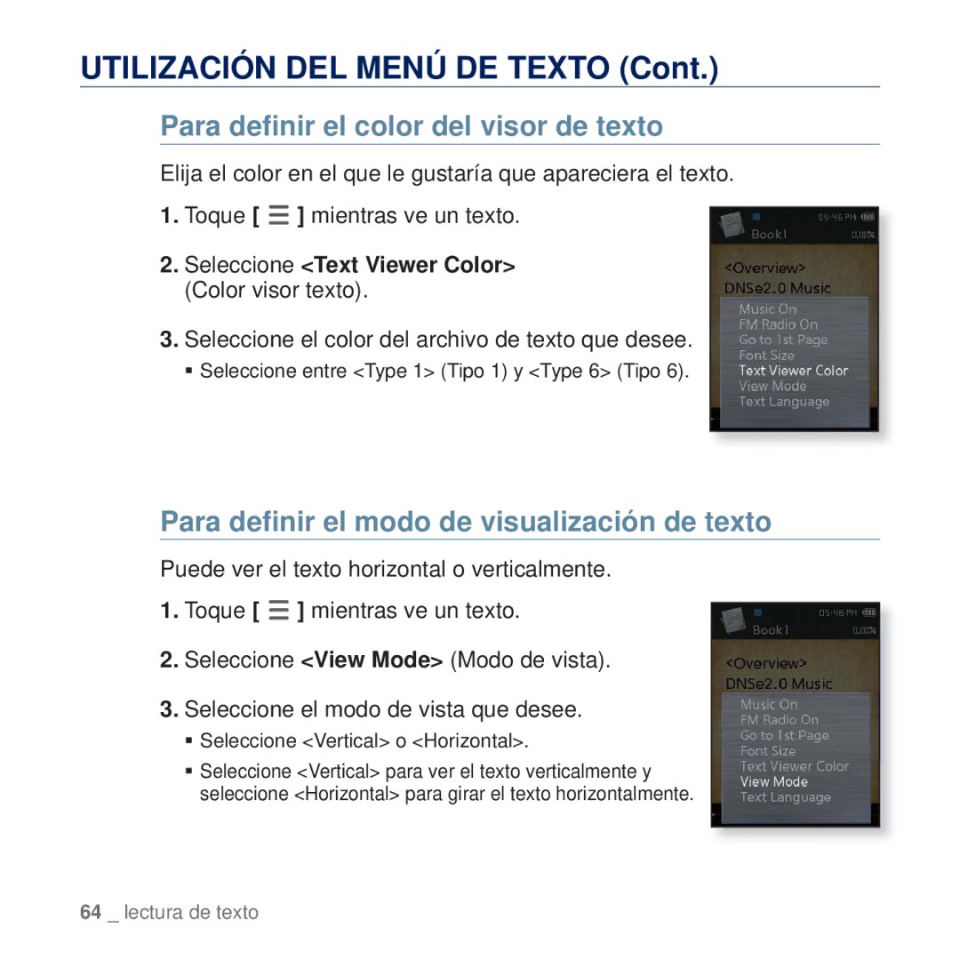 Samsung YP-Q2JAW/XEE, YP-Q2JCW/XEE Para deﬁnir el color del visor de texto, Para deﬁnir el modo de visualización de texto 