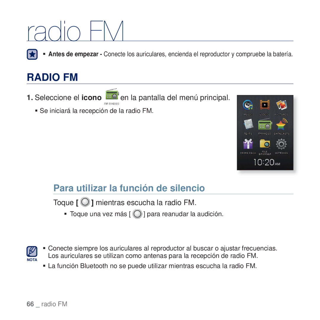 Samsung YP-Q2JCW/XEE, YP-Q2JEW/XEE manual Radio FM, Para utilizar la función de silencio, Toque mientras escucha la radio FM 