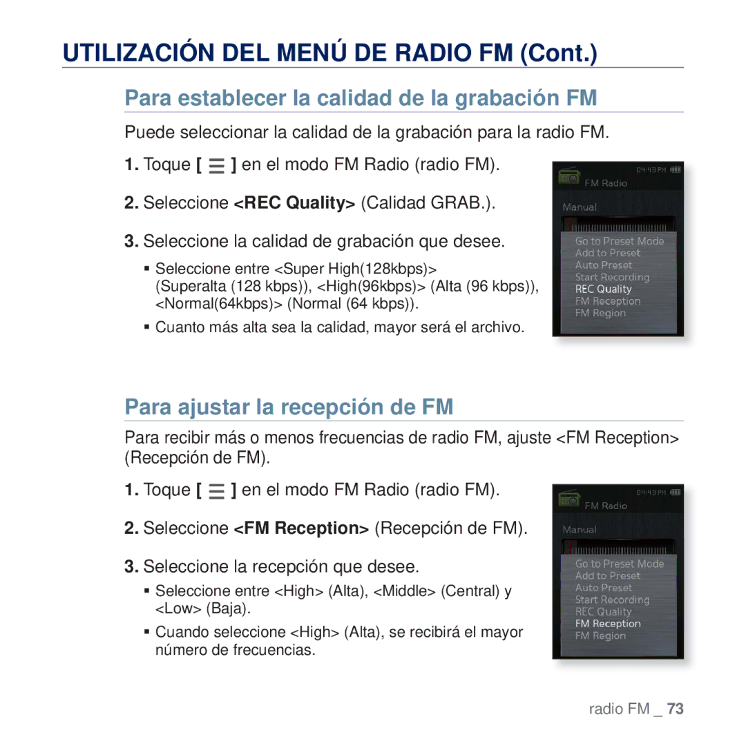 Samsung YP-Q2JEW/XEE, YP-Q2JCW/XEE manual Para establecer la calidad de la grabación FM, Para ajustar la recepción de FM 