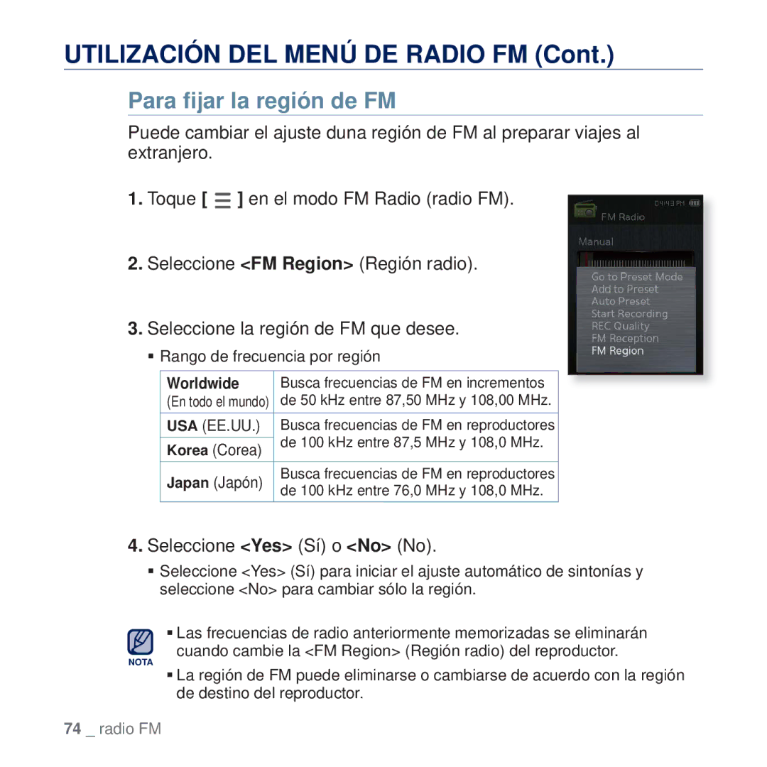 Samsung YP-Q2JAB/XEE, YP-Q2JCW/XEE, YP-Q2JEW/XEE, YP-Q2JCB/XEE, YP-Q2JAW/XEE manual Para ﬁjar la región de FM, Worldwide 