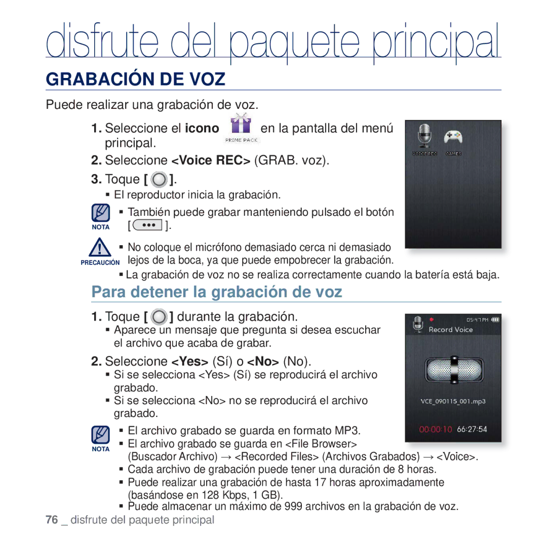 Samsung YP-Q2JAW/XEE, YP-Q2JCW/XEE, YP-Q2JEW/XEE, YP-Q2JAB/XEE manual Grabación DE VOZ, Para detener la grabación de voz 