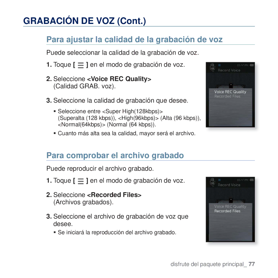 Samsung YP-Q2JEB/XEE Grabación DE VOZ, Para ajustar la calidad de la grabación de voz, Para comprobar el archivo grabado 