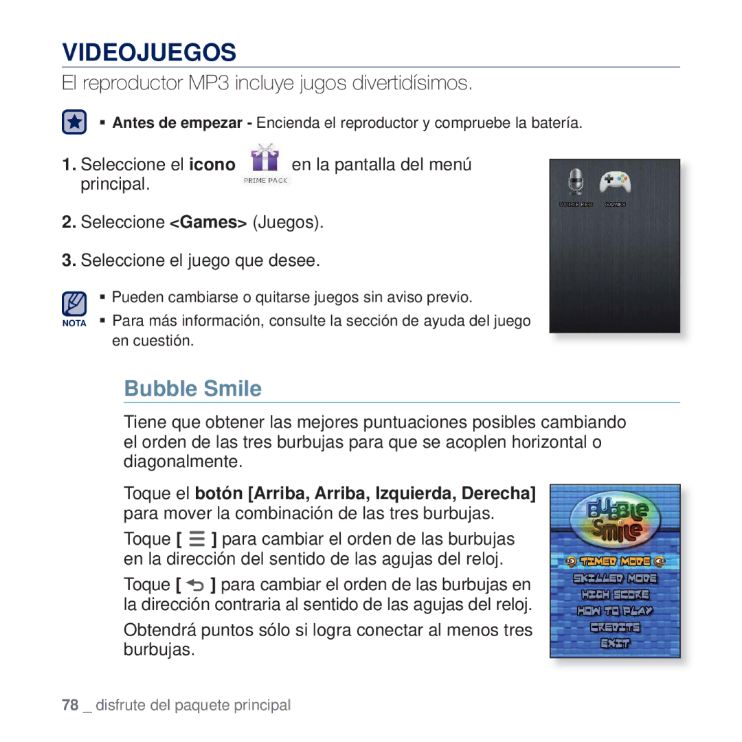 Samsung YP-Q2JCW/XEE, YP-Q2JEW/XEE, YP-Q2JAB/XEE, YP-Q2JCB/XEE, YP-Q2JAW/XEE, YP-Q2JEB/XEE manual Videojuegos, Bubble Smile 