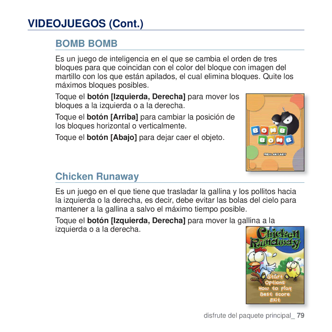 Samsung YP-Q2JEW/XEE, YP-Q2JCW/XEE, YP-Q2JAB/XEE, YP-Q2JCB/XEE, YP-Q2JAW/XEE, YP-Q2JEB/XEE manual Videojuegos, Chicken Runaway 