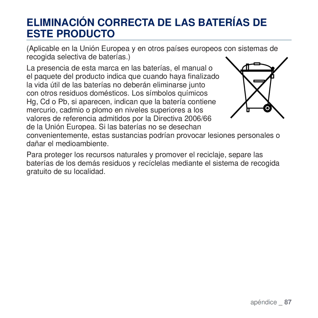 Samsung YP-Q2JCB/XEE, YP-Q2JCW/XEE, YP-Q2JEW/XEE, YP-Q2JAB/XEE manual Eliminación Correcta DE LAS Baterías DE Este Producto 