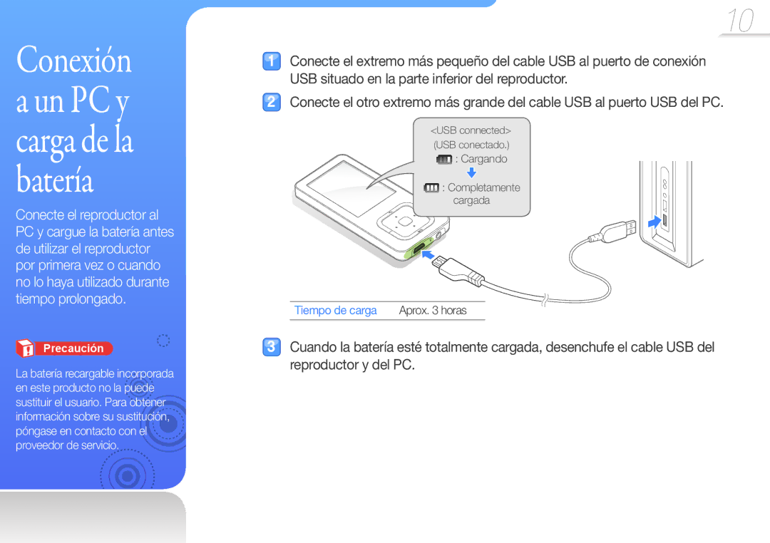 Samsung YP-Q3CW/EDC, YP-Q3CB/EDC, YP-Q3AB/EDC, YP-Q3AW/EDC manual Conexión a un PC y carga de la batería, Tiempo de carga 