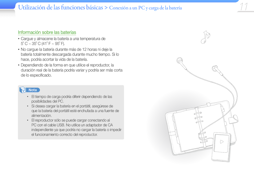 Samsung YP-Q3AW/EDC, YP-Q3CB/EDC, YP-Q3AB/EDC, YP-Q3CW/EDC, YP-Q3CS/EDC manual Información sobre las baterías 