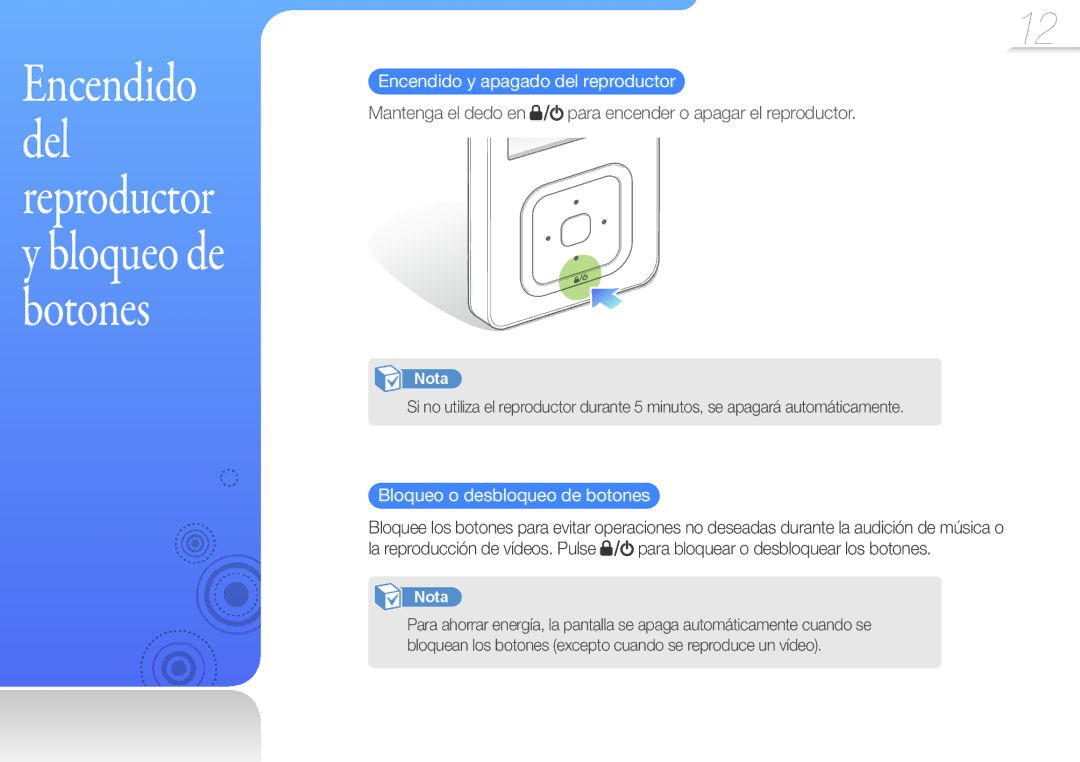 Samsung YP-Q3CS/EDC, YP-Q3CB/EDC, YP-Q3AB/EDC manual Encendido y apagado del reproductor, Bloqueo o desbloqueo de botones 