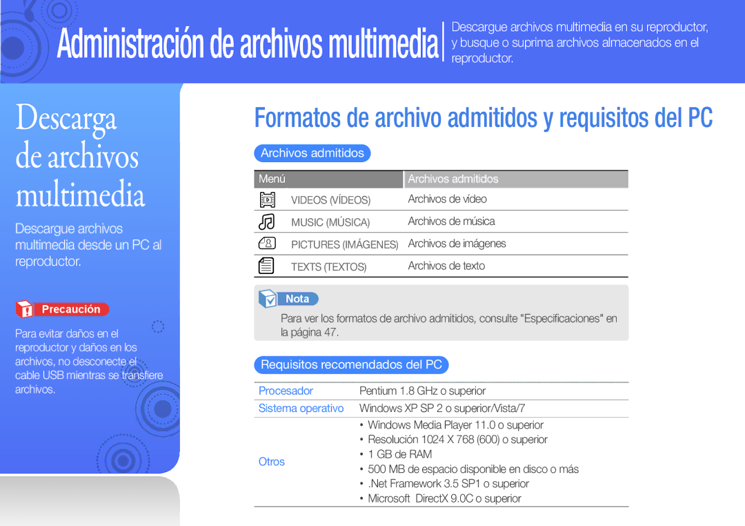 Samsung YP-Q3CS/EDC, YP-Q3CB/EDC, YP-Q3AB/EDC, YP-Q3CW/EDC manual Archivos admitidos, Requisitos recomendados del PC, Menú 