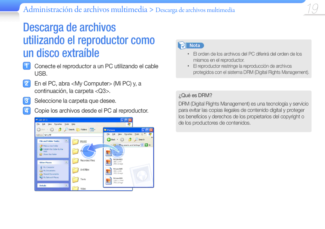 Samsung YP-Q3AB/EDC, YP-Q3CB/EDC, YP-Q3CW/EDC, YP-Q3AW/EDC, YP-Q3CS/EDC manual ¿Qué es DRM? 