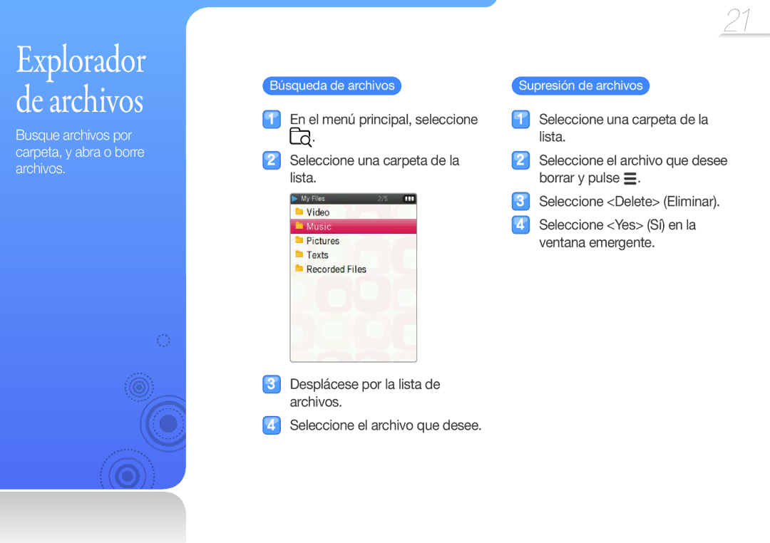 Samsung YP-Q3AW/EDC, YP-Q3CB/EDC Búsqueda de archivos, Supresión de archivos, Seleccione Yes Sí en la ventana emergente 