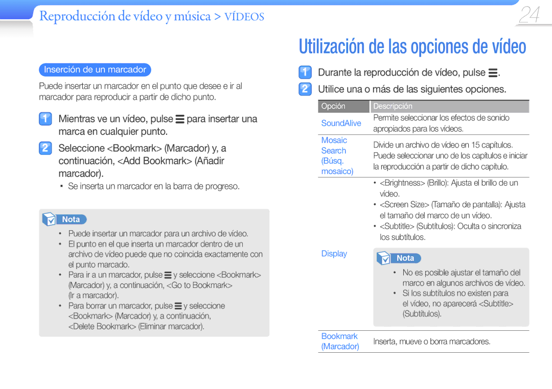 Samsung YP-Q3AB/EDC, YP-Q3CB/EDC, YP-Q3CW/EDC manual Inserción de un marcador, Se inserta un marcador en la barra de progreso 