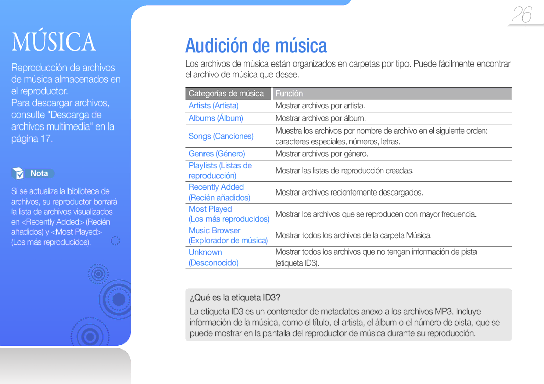 Samsung YP-Q3AW/EDC, YP-Q3CB/EDC, YP-Q3AB/EDC, YP-Q3CW/EDC, YP-Q3CS/EDC manual Audición de música, ¿Qué es la etiqueta ID3? 