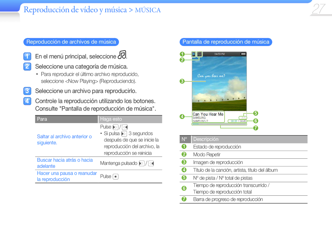 Samsung YP-Q3CS/EDC, YP-Q3CB/EDC manual Reproducción de vídeo y música Música, Seleccione un archivo para reproducirlo 