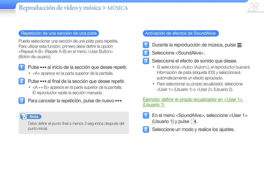 Samsung YP-Q3CB/EDC manual Pulse al inicio de la sección que desee repetir, Pulse al final de la sección que desee repetir 