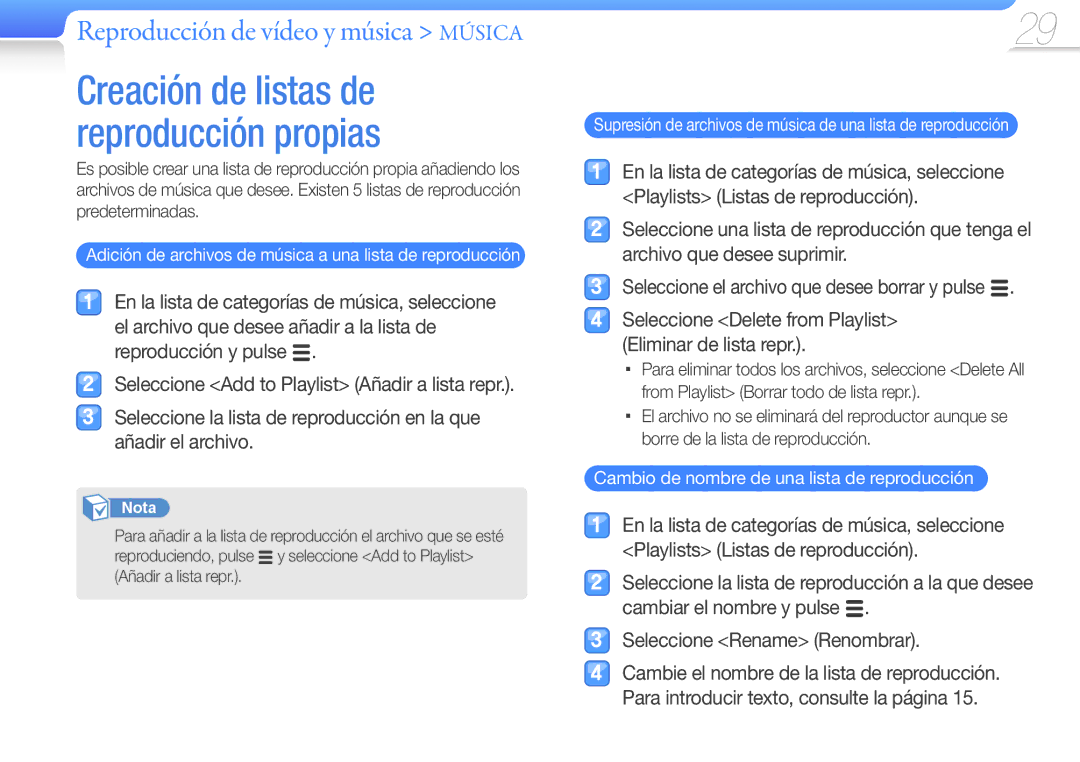 Samsung YP-Q3AB/EDC, YP-Q3CB/EDC, YP-Q3CW/EDC, YP-Q3AW/EDC manual Adición de archivos de música a una lista de reproducción 