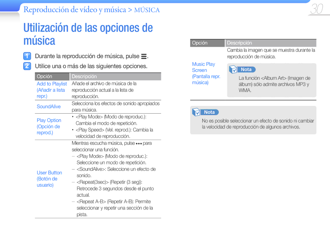 Samsung YP-Q3CW/EDC, YP-Q3CB/EDC, YP-Q3AB/EDC, YP-Q3AW/EDC, YP-Q3CS/EDC manual Opción Descripción 