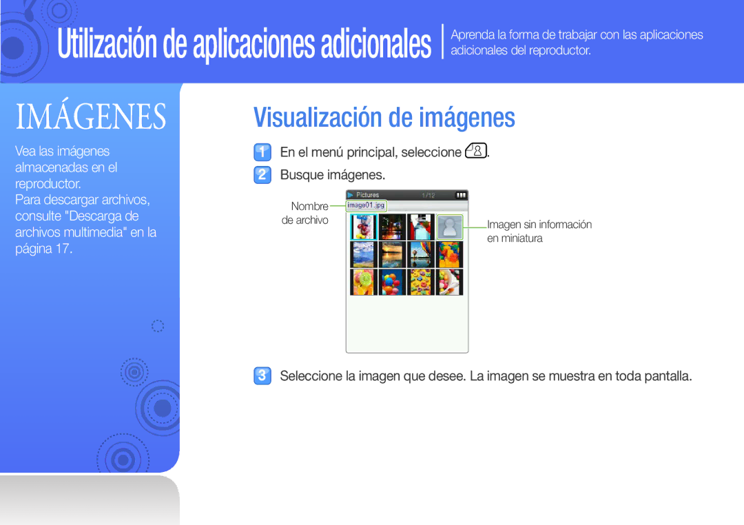 Samsung YP-Q3AW/EDC, YP-Q3CB/EDC, YP-Q3AB/EDC Visualización de imágenes, En el menú principal, seleccione, Busque imágenes 