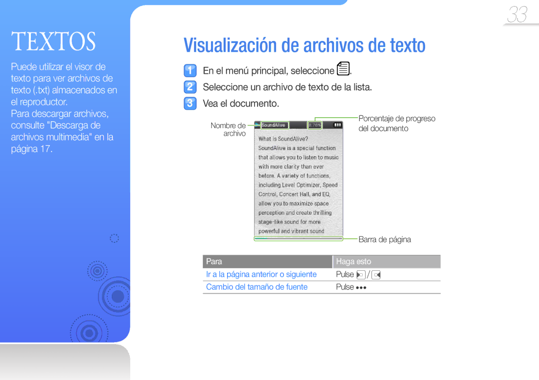 Samsung YP-Q3CB/EDC, YP-Q3AB/EDC, YP-Q3CW/EDC, YP-Q3AW/EDC Visualización de archivos de texto, Cambio del tamaño de fuente 