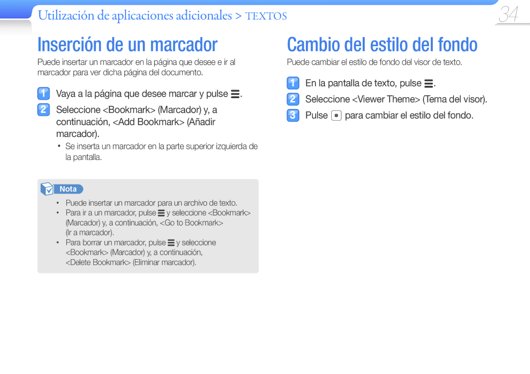 Samsung YP-Q3AB/EDC Inserción de un marcador, Cambio del estilo del fondo, Utilización de aplicaciones adicionales Textos 