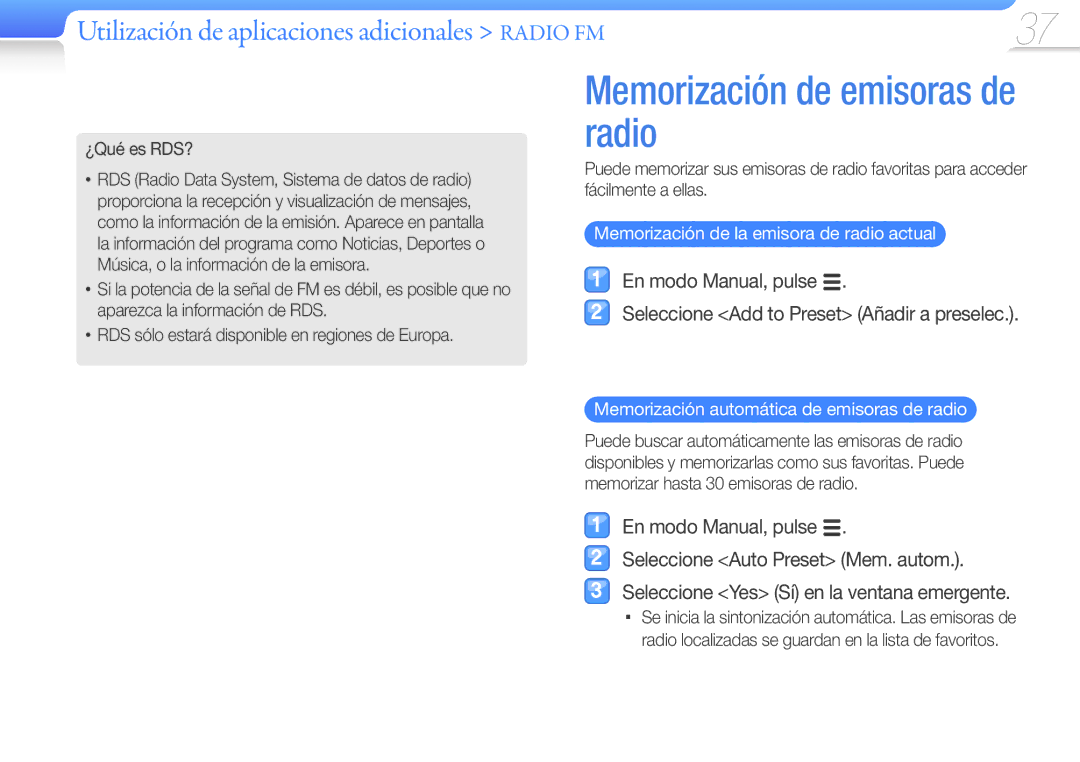 Samsung YP-Q3CS/EDC Memorización de emisoras de radio, Utilización de aplicaciones adicionales Radio FM, ¿Qué es RDS? 