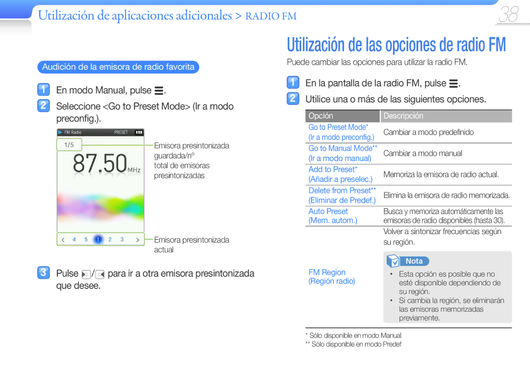 Samsung YP-Q3CB/EDC Pulse / para ir a otra emisora presintonizada que desee, Audición de la emisora de radio favorita 