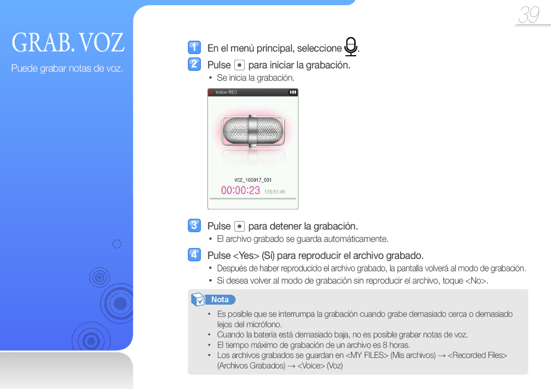 Samsung YP-Q3AB/EDC, YP-Q3CB/EDC manual Pulse para detener la grabación, Pulse Yes Sí para reproducir el archivo grabado 